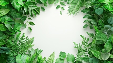 Fresh minimalism lush green leaves framing blank white canvas