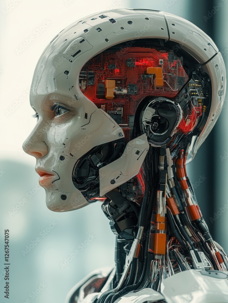Poster humanoid robot with exposed circuitry in the brain symbolizing advanced ai robotics and neural augme