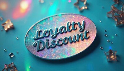 Colorful holographic loyalty discount badge on a vibrant blue background with decorative stars and droplets