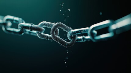 Broken Chain Link with Water Drops in Dark Background