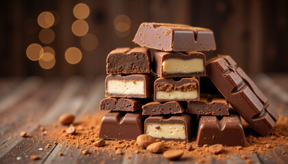 Stacked gourmet chocolate bars with creamy filling and nuts