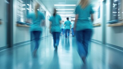 Doctors and nurses in scrubs in hospital, blurred motion