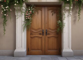 Fototapeta premium Wavy floral vines wrapping around wooden doors, doors, wood, decoration