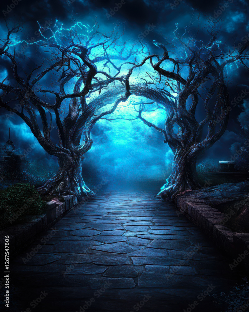Aufkleber a mysterious cobblestone path winds between gnarled, lightning-illuminated trees, leading into a fog