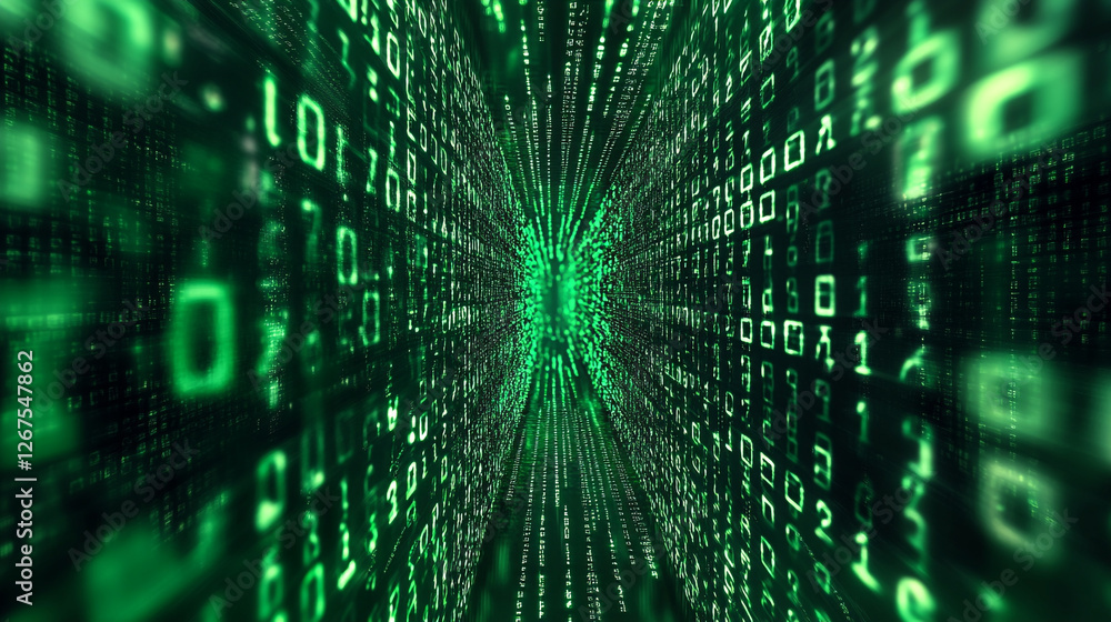 Poster exploring the depths of digital worlds filled with cascading green data and binary codes in a futuri