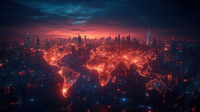 Global network, city skyline sunset, futuristic map, connection, digital world, technology background, website header