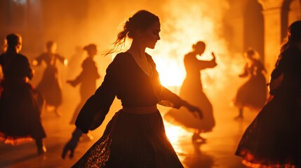 Women in traditional dresses dance in front of a massive fire, their silhouettes illuminated by the glowing flames. The scene captures movement, passion, and the energy of a ritualistic celebration
