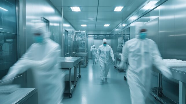 Workers in motion at modern drug factory