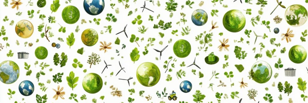 eco-friendly gift wrap, a lively earth day gift wrap template features cartoon globes, wind turbines, shovels, and recycle bins in a dynamic pattern with natural colors