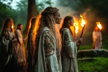 Naklejka premium A group of women in embroidered robes walks through a misty forest carrying torches in a sacred ritual