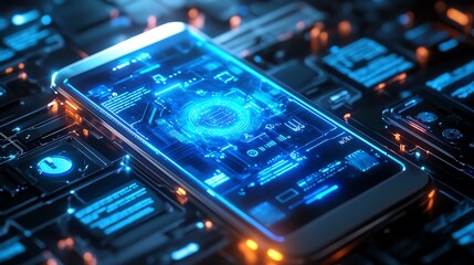 Futuristic smartphone with a glowing blue and silver interface, vibrant digital elements, sleek design, and bright neon lights creating a hightech aesthetic