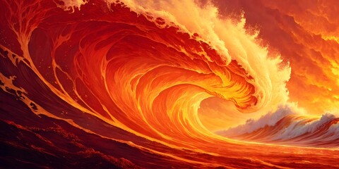Fiery Ocean Wave Surging with Bright Orange and Red Hues