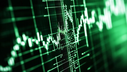 Obraz premium Financial market analysis displaying green stock trend patterns and data metrics during trading hours