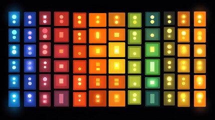 Colorful Grid of Glowing Square Buttons with Geometric Shapes on a Black Background Abstraction