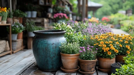 A large blue vase sits on a wooden table next to several smaller pots of flowers