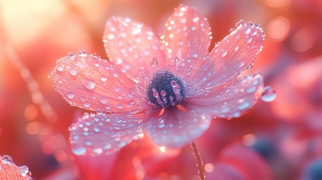 Dew-kissed pink flower at sunrise.