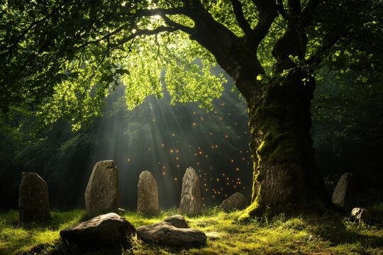 Moss-covered tree trunk in a mystical forest with ancient standing stones and glowing fireflies, creating an enchanted atmosphere