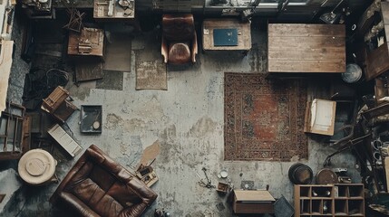 Distressed Interior with Vintage Furniture and Objects