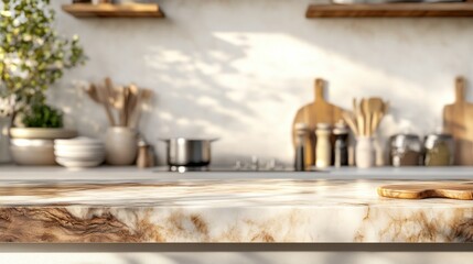 Fototapeta premium Stylish marble tabletop on wooden platform with copyspace for your logo at blurry kitchen utensils and dishes on light wall background. 3D rendering, mockup
