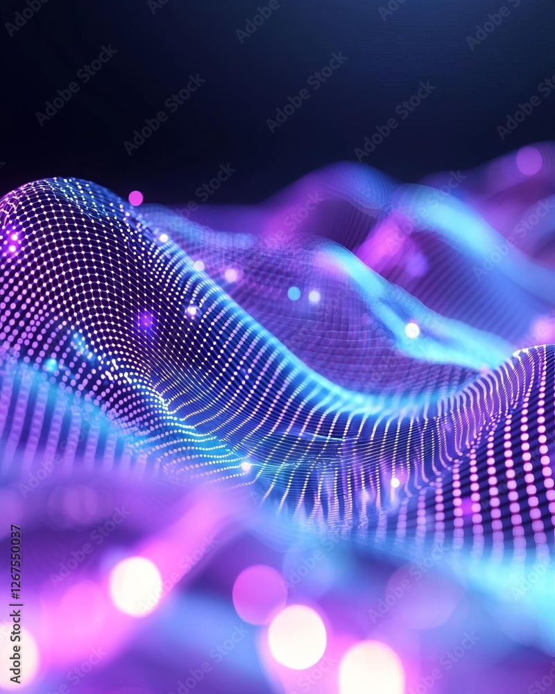 Poster abstract digital landscape with glowing waves and vibrant particles in a futuristic style.