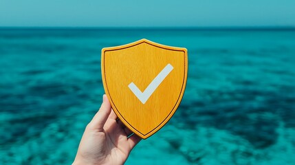 A hand holds a yellow shield with a checkmark against a vibrant blue ocean, symbolizing safety and trust in a serene setting.