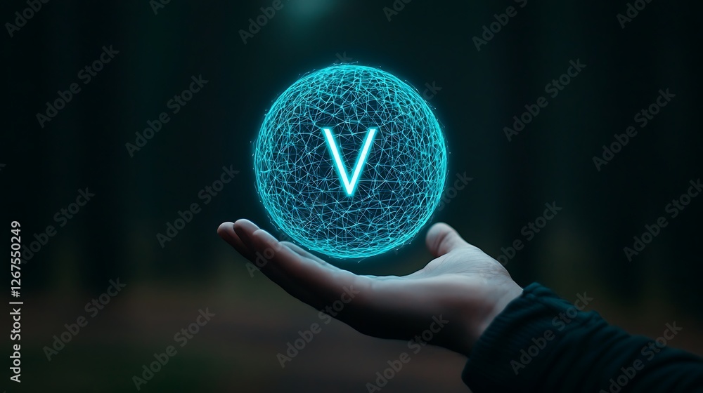 Poster a glowing blue sphere with a 'v' symbol is held in a hand, set against a dark, forested background, 