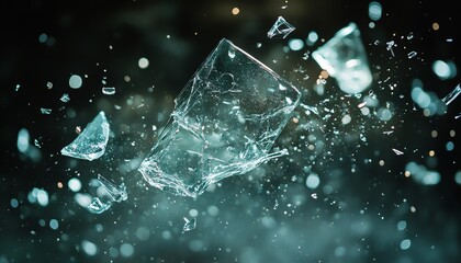 Shattering glass fragment with sharp edges, pieces flying in midair, dramatic lighting highlighting the transparency and fragility of the glass