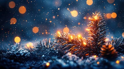 Fototapeta premium Illuminated pine branch in snowy night, bokeh background; winter holiday greeting card