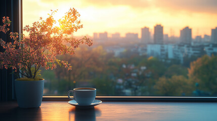 A white coffee cup on a wooden windowsill beside a potted plant, overlooking a blurred city skyline at sunrise. Warm sunlight creates a cozy, peaceful atmosphere.