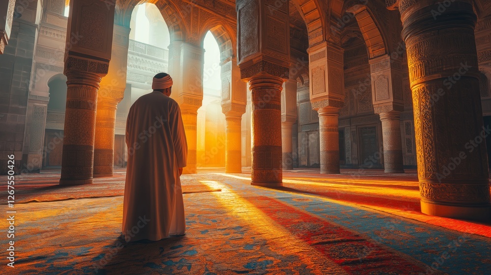 Poster basking in the soft glow of early morning light, a muslim man stands in focused prayer in a grand mo