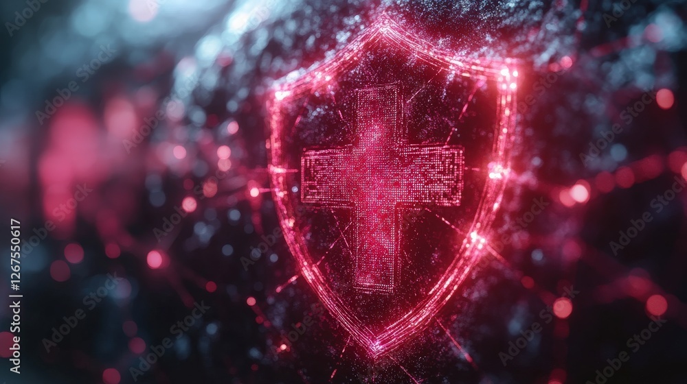 Poster abstract representation of a glowing shield with a cross symbolizing protection in a digital landsca