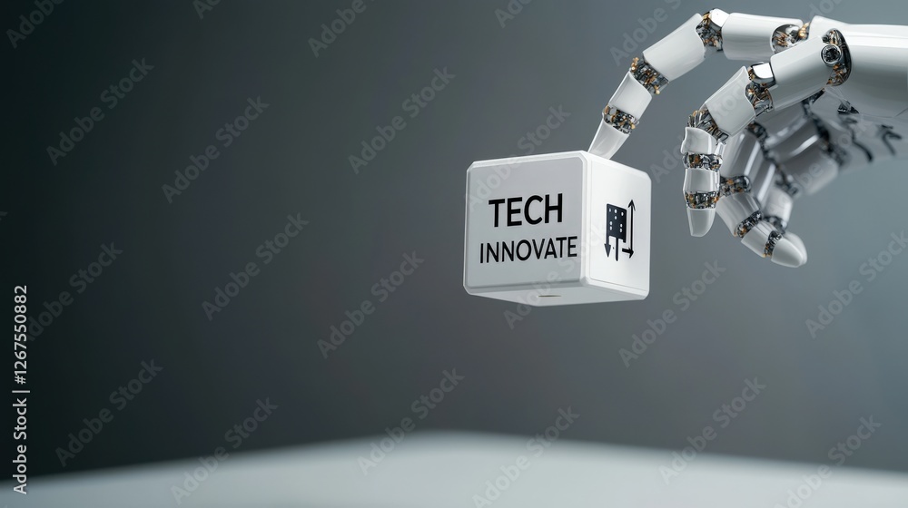 Poster Robotic Hand Holding Block with Tech Innovate Text Conceptual Image