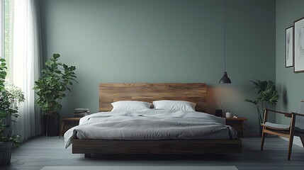Modern bedroom, wood bed, plants, green wall, sunlight, interior design