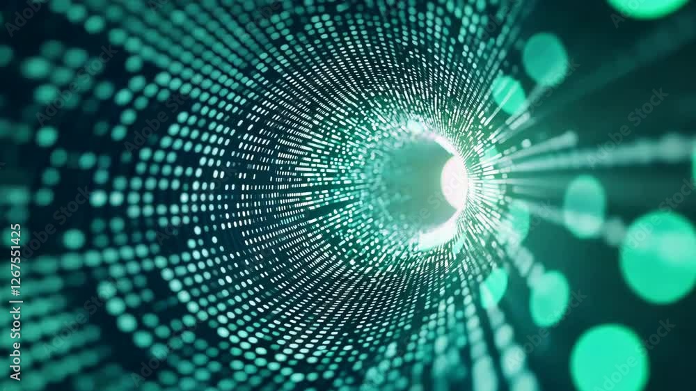 Poster futuristic digital vortex dynamic tunnel of glowing green dots creates abstract sense of motion and 