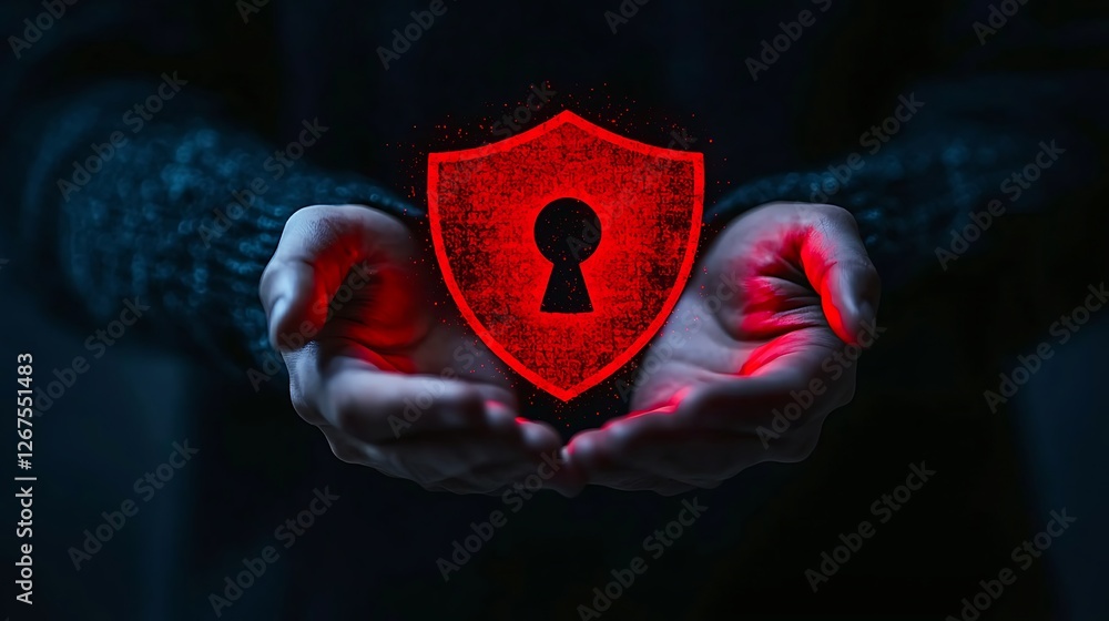 Poster a pair of hands holds a glowing red shield with a keyhole, symbolizing security and protection in a 
