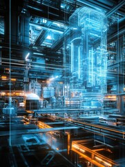 Holographic projection of industrial products in modern factories highlights advanced manufacturing technology, digital innovation, and high-tech industrial processes, integrating futuristic elements