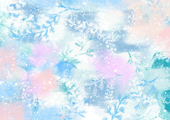 Watercolor spring delicate background, blue-pink gradient. Elegant botanical background, texture with leaves