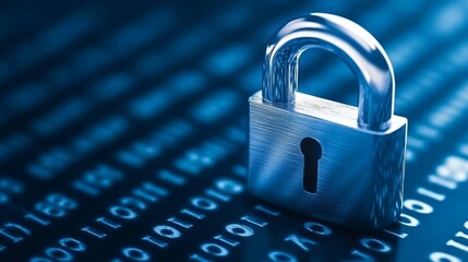 Digital lock securing data against cyber threats with binary code background