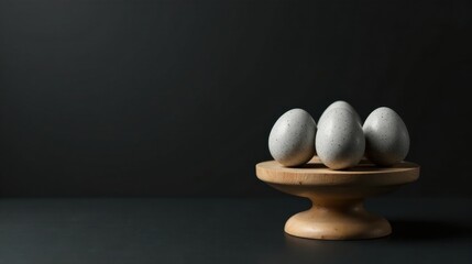 Speckled gray eggs arranged on a simple wooden pedestal against a dark backdrop