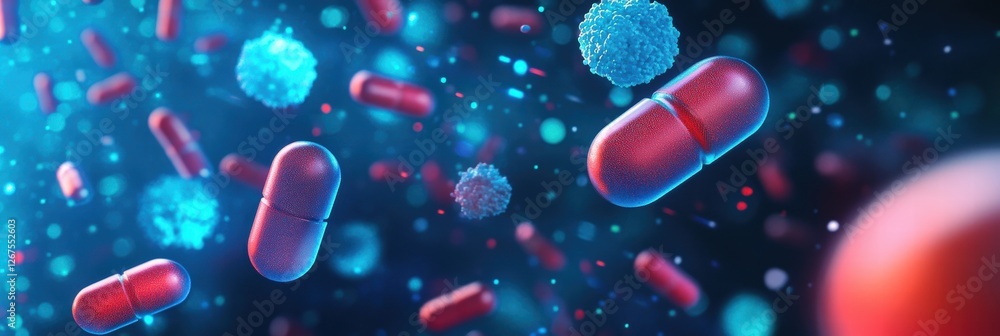 Poster exploring the interaction between medicinal capsules and microorganisms in a digital environment