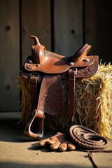 Rustic Western Saddle Resting on Hay Bale with Leather Gloves and Rope