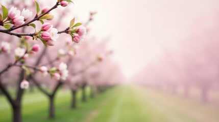 Delicate Pink Blossoms in a Serene Orchard Setting with Soft Focus Background