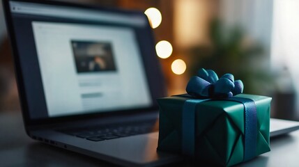 A sophisticated gift awaits near a sleek laptop, suggesting online shopping