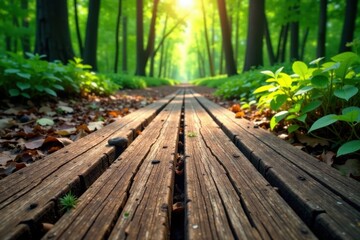 Weathered wood planks on a forest floor, natural, texture