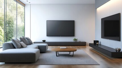 Modern living room with large windows and TVs, relaxing atmosphere