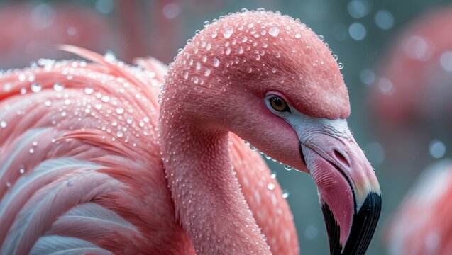 Close up shot of a pink flamingo's head with water droplets.