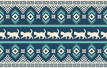 Vector seamless pattern with cat silhouettes and tribal geometric motifs. Monochrome design. Use this pattern for creating pet themed designs, textile prints, packaging, and more. Perfect for cat love