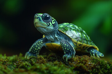 Fototapeta premium Emerald Scales, A Diamondback Terrapin's Enchanting Gaze Amidst Verdant Moss