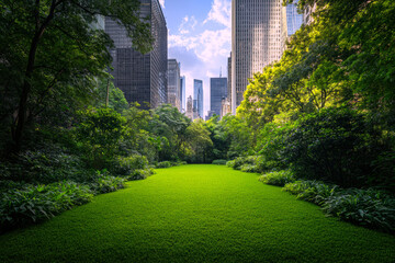 This stunning image captures a vibrant green landscape nestled between towering city skyscrapers, showcasing the harmonious blend of nature and urban life in a bustling metropolis.