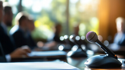 Business professionals engage in discussion at a conference with microphones positioned for clear communication